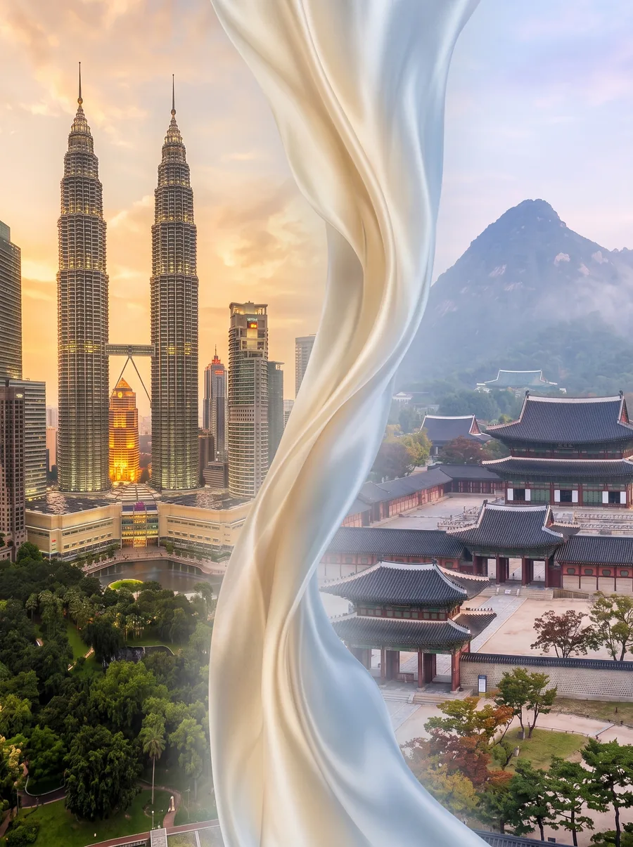 Vertical silk artwork linking landmarks in Kuala Lumpur and Seoul
